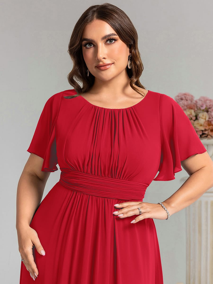 Simple Chiffon Pleated A-Line Round Neckline Bridesmaid Dress #color_Red