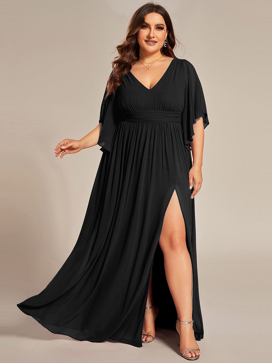Plus Size V-Neck A-Line Chiffon Bridesmaid Dress #color_Black