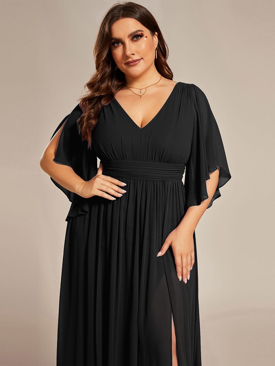 Chiffon A-Line Half Sleeves High Slit Bridesmaid Dress #color_Black
