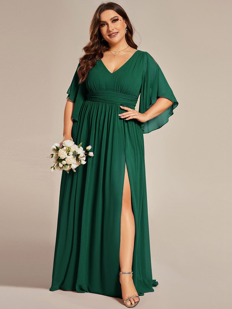 Chiffon A-Line Half Sleeves High Slit Bridesmaid Dress #color_Dark Green