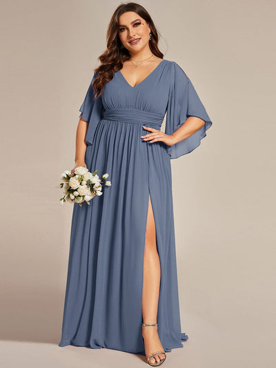 Plus Size V-Neck A-Line Chiffon Bridesmaid Dress #color_Dusty Blue
