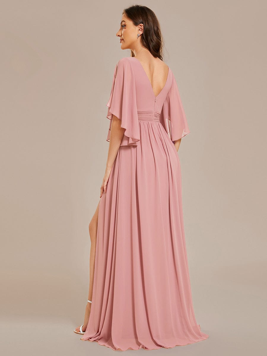 Chiffon A-Line Half Sleeves High Slit Bridesmaid Dress #color_Dusty Rose