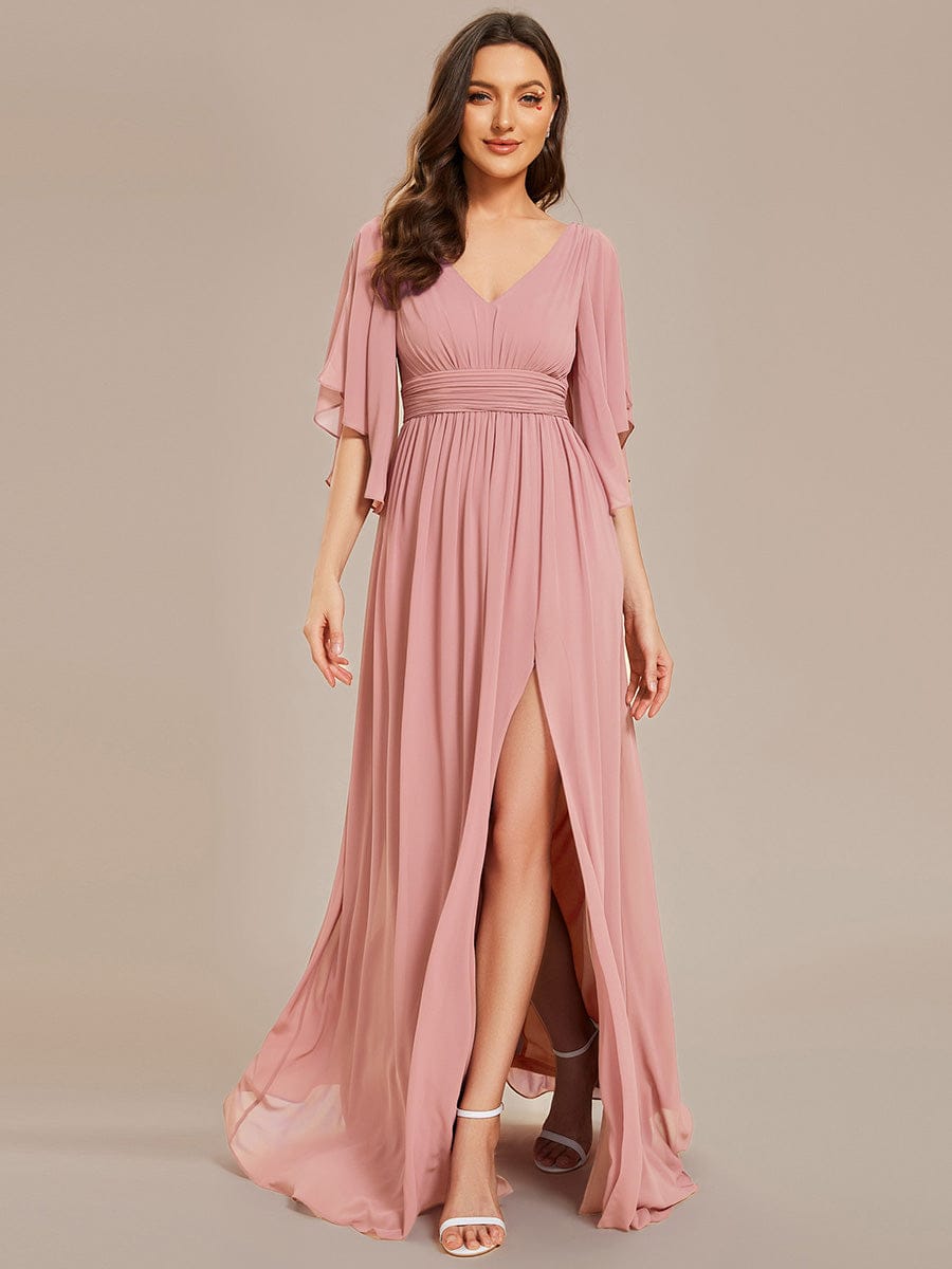 Chiffon A-Line Half Sleeves High Slit Bridesmaid Dress #color_Dusty Rose