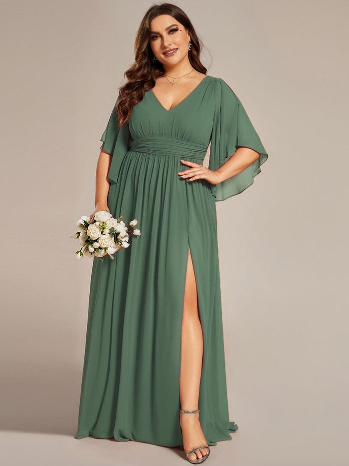 V-neck Chiffon Bridesmaid Dress with Bow Back Lime Green Plus Size main image 1