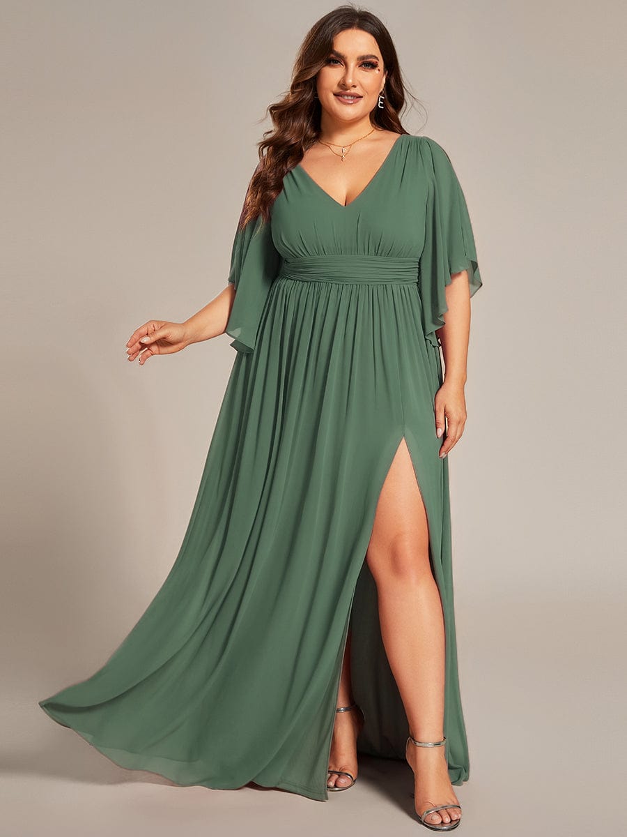 Plus Size V-Neck A-Line Chiffon Bridesmaid Dress #color_Eucalyptus Green