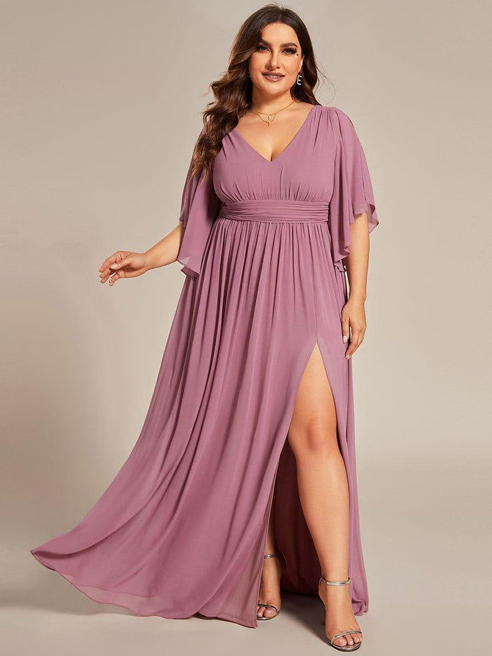V-neck Chiffon Bridesmaid Dress with Bow Back Steel Grey Plus Size main image 1