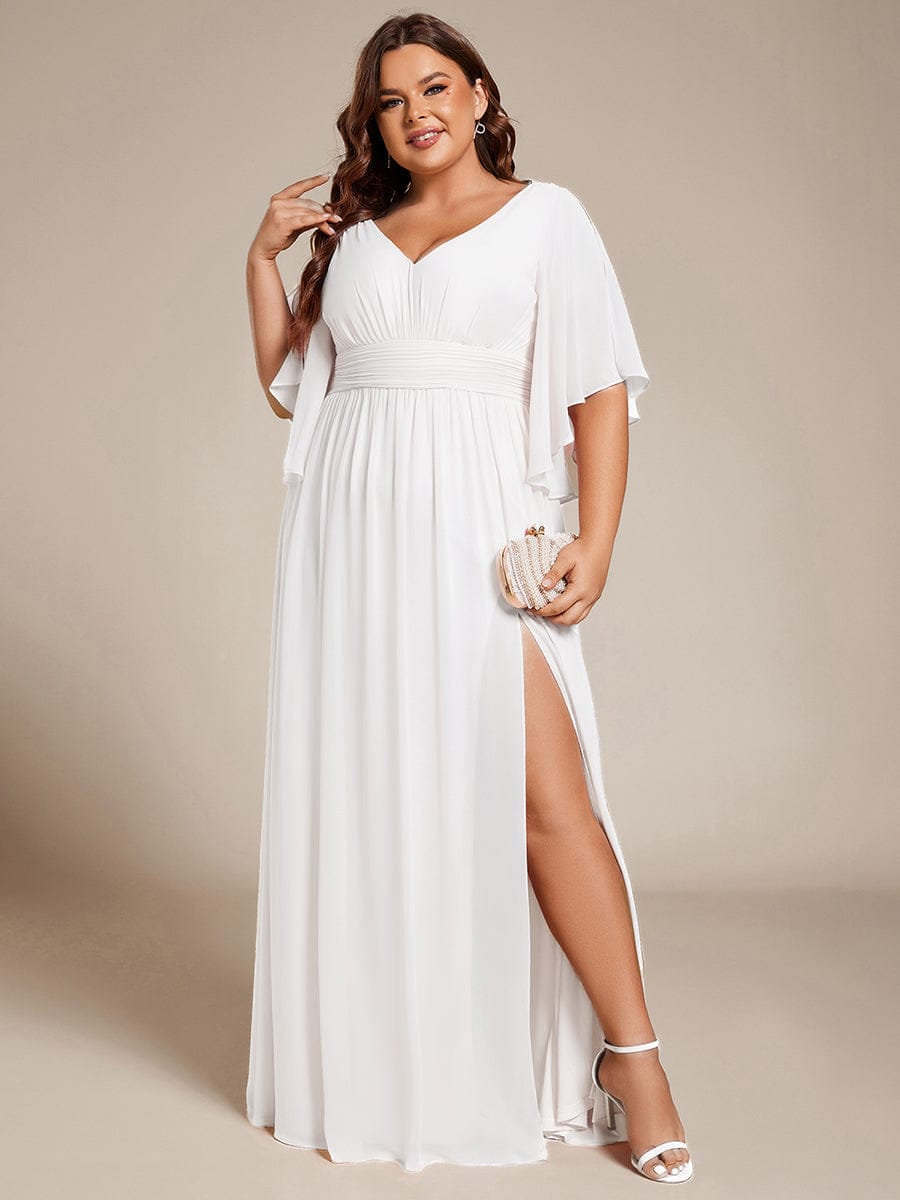 Chiffon A-Line Half Sleeves High Slit Bridesmaid Dress #color_White
