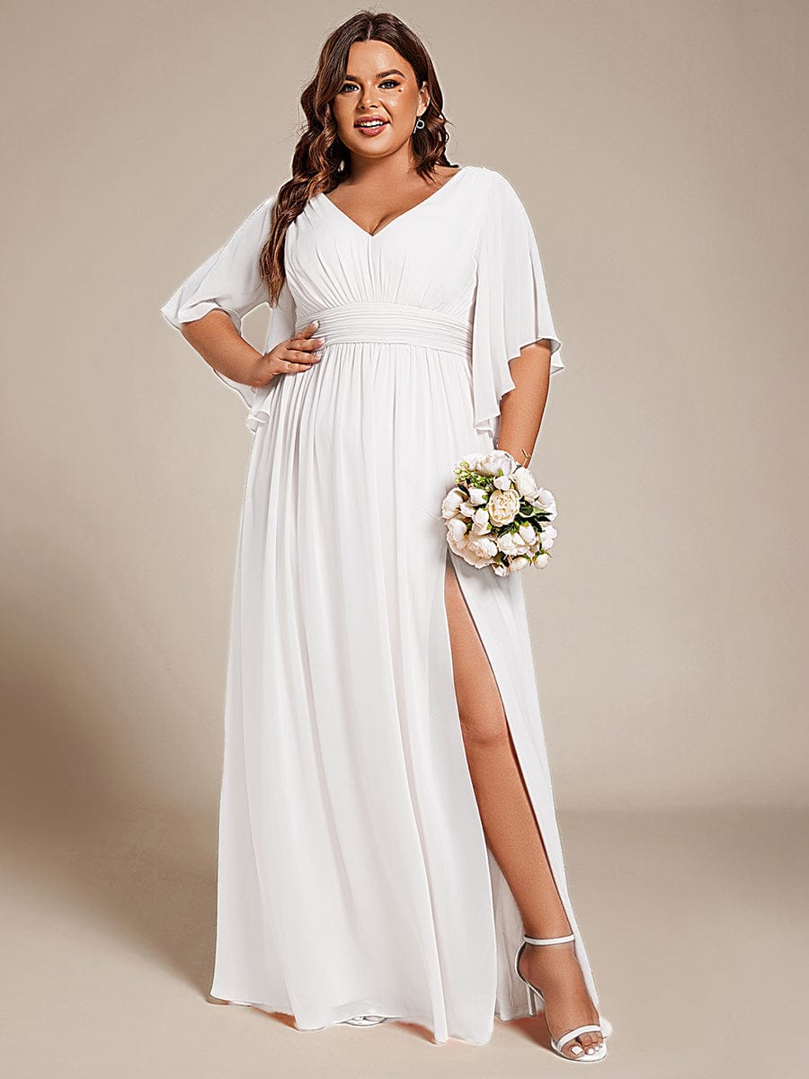 Chiffon A-Line Half Sleeves High Slit Bridesmaid Dress #color_White