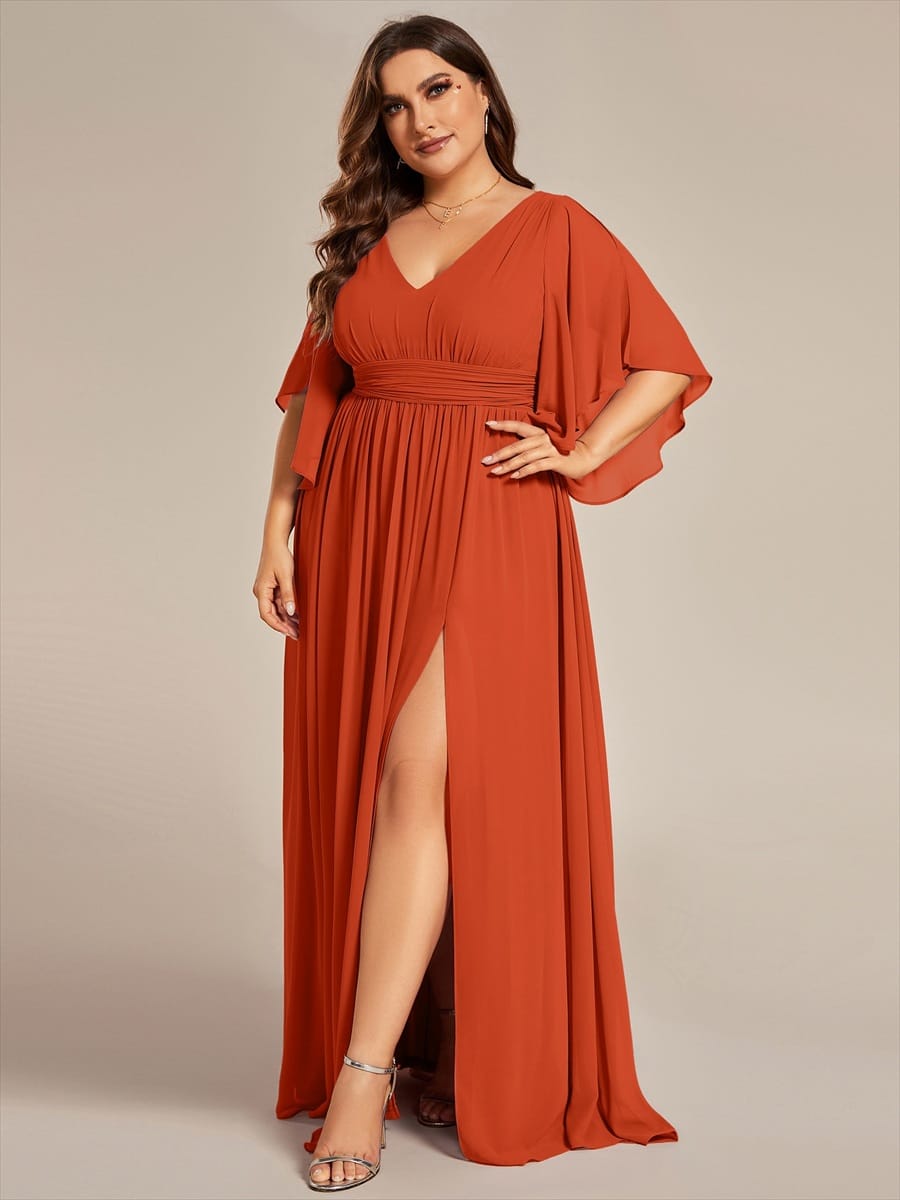 Plus Size V-Neck A-Line Chiffon Bridesmaid Dress #color_Burnt Orange