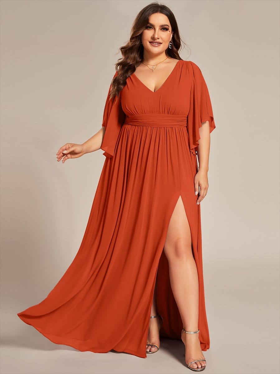 Plus Size V-Neck A-Line Chiffon Bridesmaid Dress #color_Burnt Orange