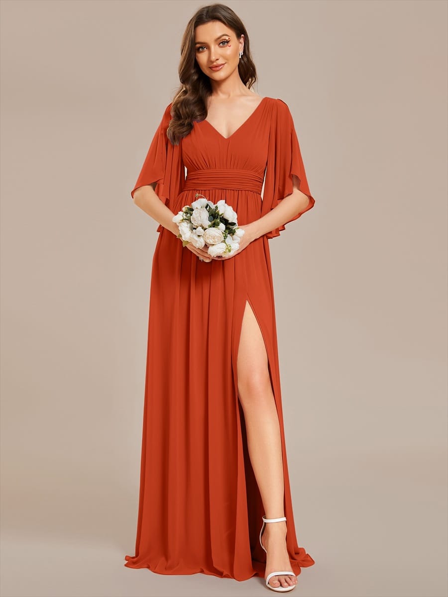 Chiffon A-Line Half Sleeves High Slit Bridesmaid Dress #color_Burnt Orange