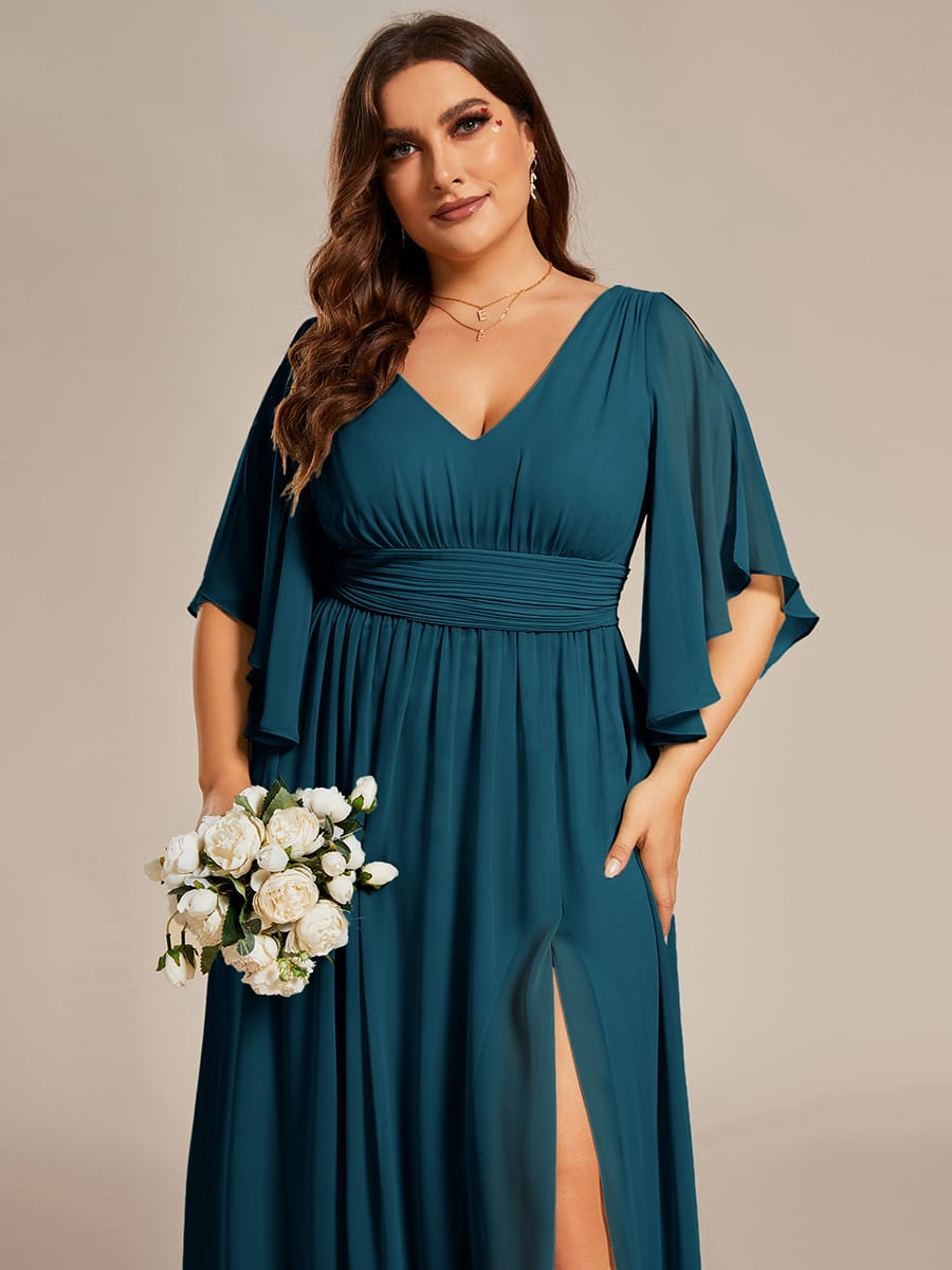 Chiffon A-Line Half Sleeves High Slit Bridesmaid Dress #color_Teal Blue