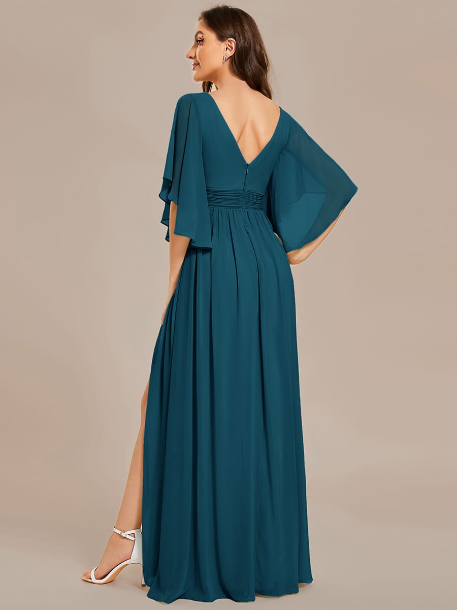 Chiffon A-Line Half Sleeves High Slit Bridesmaid Dress #color_Teal Blue