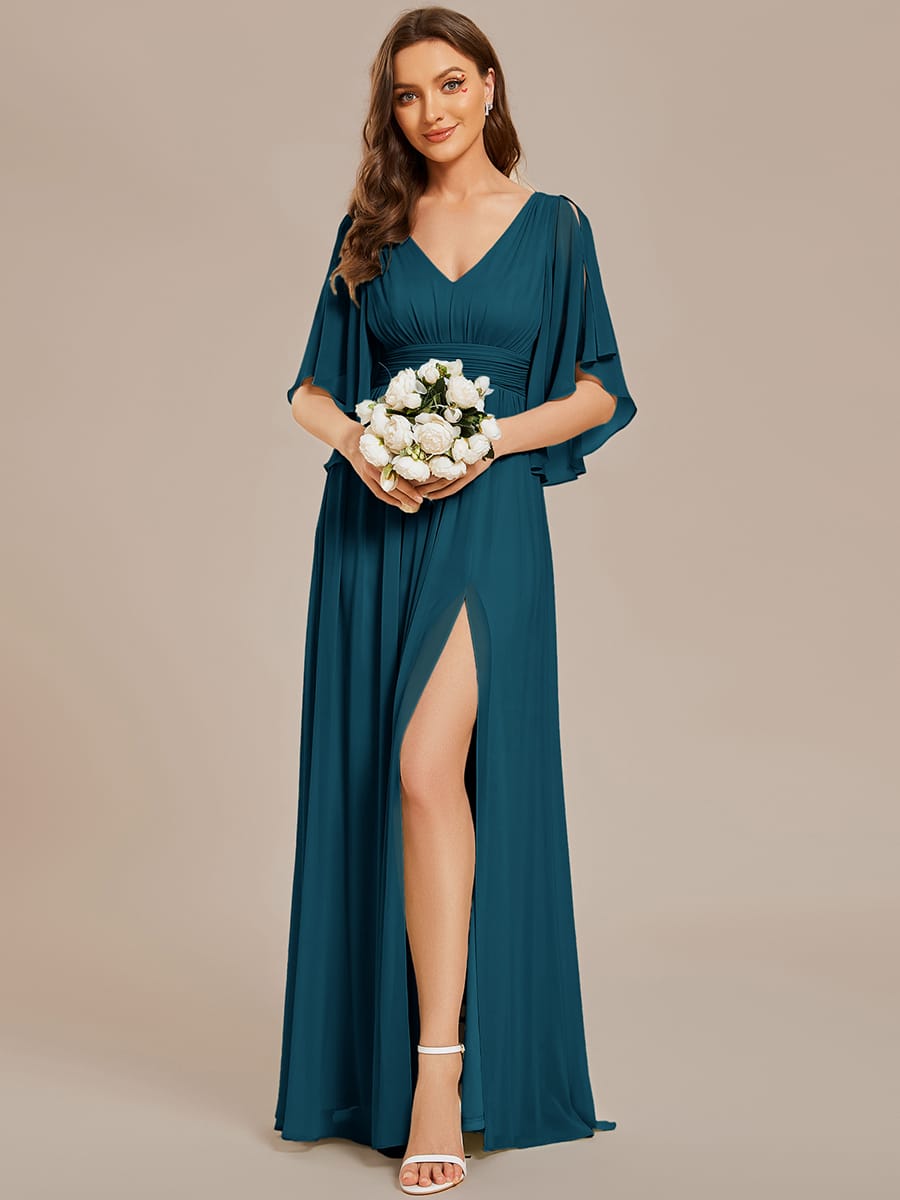 Chiffon A-Line Half Sleeves High Slit Bridesmaid Dress #color_Teal Blue
