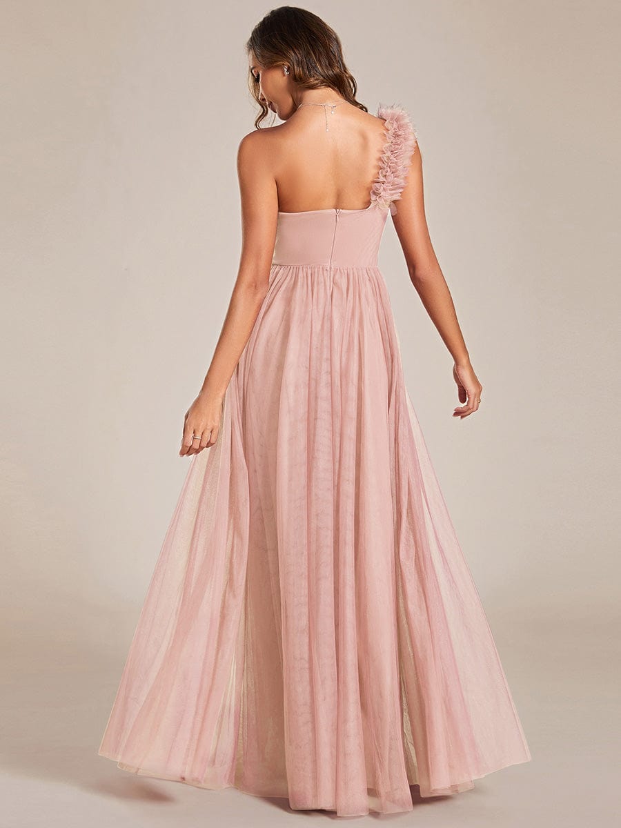 Custom Size Sweetheart Neckline One Shoulder with Floral Tulle High Slit Bridesmaid Dress #color_Pink