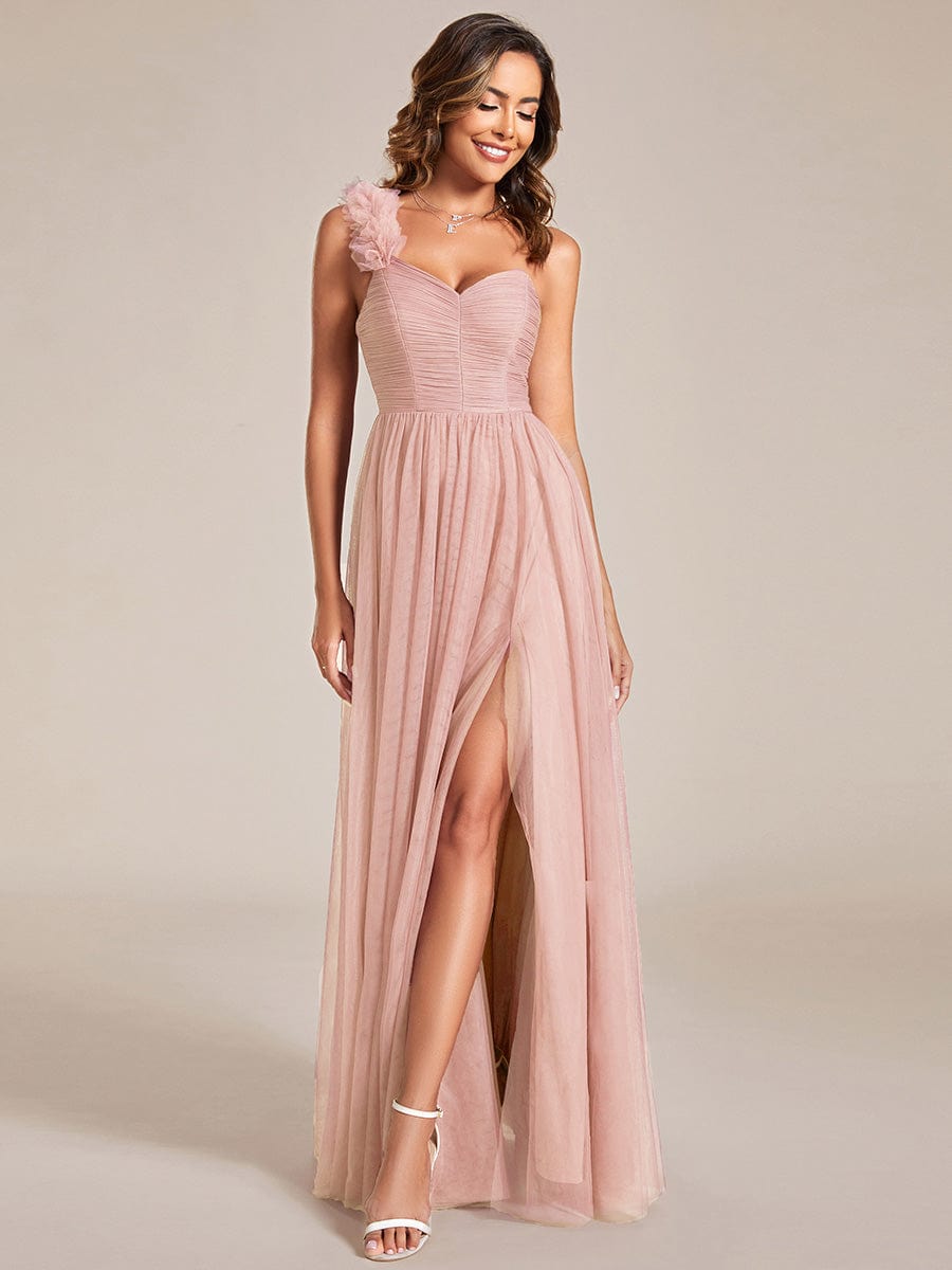 Custom Size Sweetheart Neckline One Shoulder with Floral Tulle High Slit Bridesmaid Dress #color_Pink