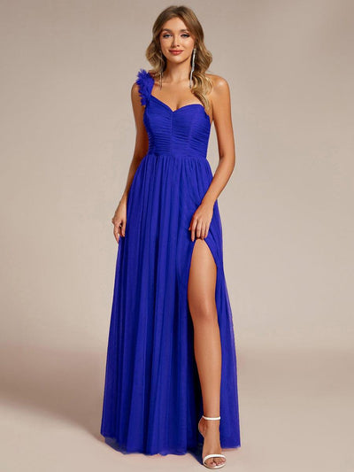Elegant One Shoulder Maxi Tulle High Slit Bridesmaid Dress #color_Sapphire Blue