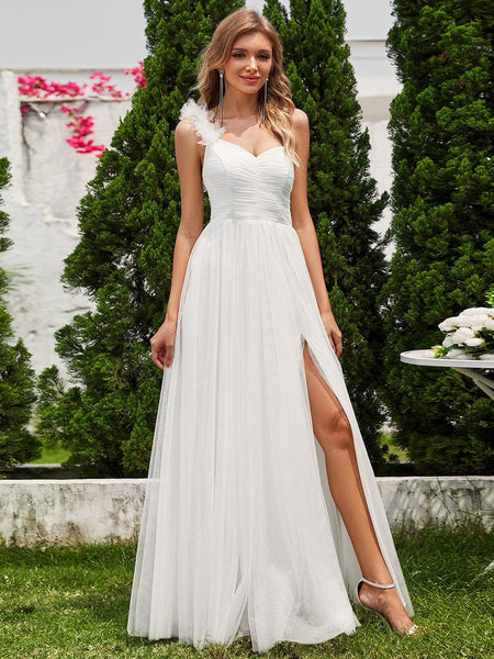strapless open back dress One-Shoulder Tulle Maxi Bridesmaid Dress with Slit