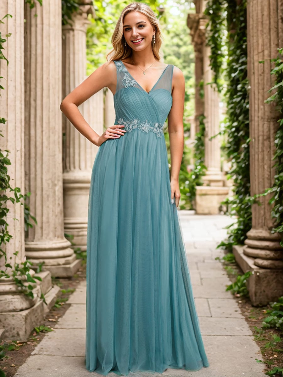 Elegant V-Neck Applique Maxi Bridesmaid Dress #color_Dusty Blue
