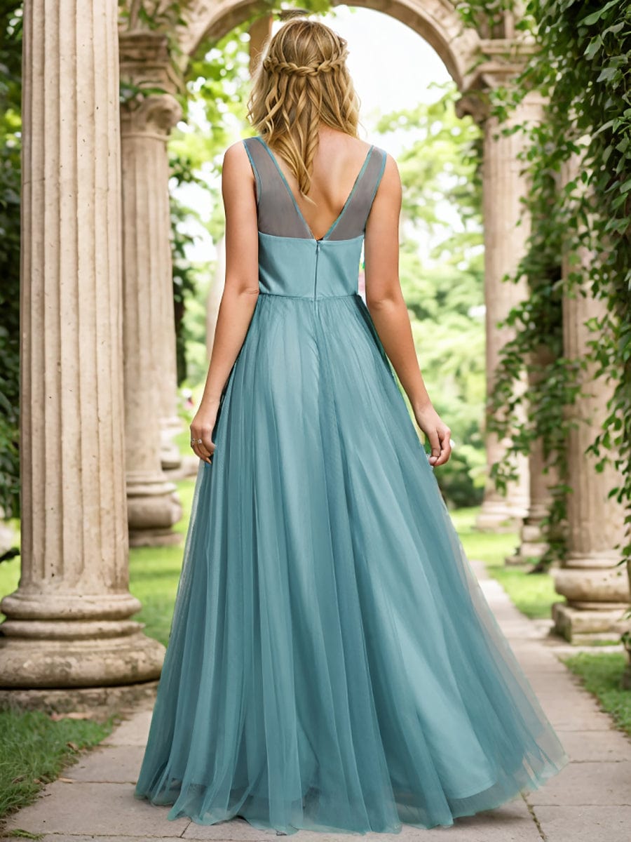 Elegant V-Neck Applique Maxi Bridesmaid Dress #color_Dusty Blue