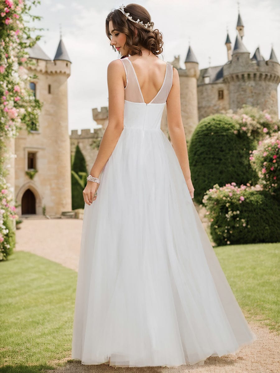 Graceful V-Neck Applique A-Line Tulle Wedding Dress #color_White