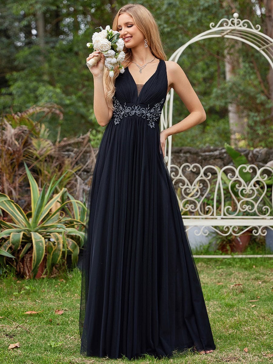 Elegant Sleeveless V-Neck A-Line Bridesmaid Dresss #color_Black