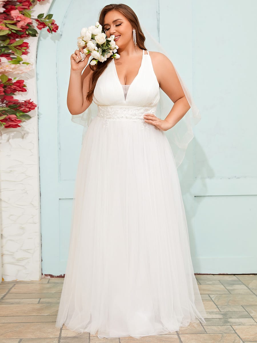 Elegant V-Neck Sleeveless Pleated A-Line Wedding Dress #color_White