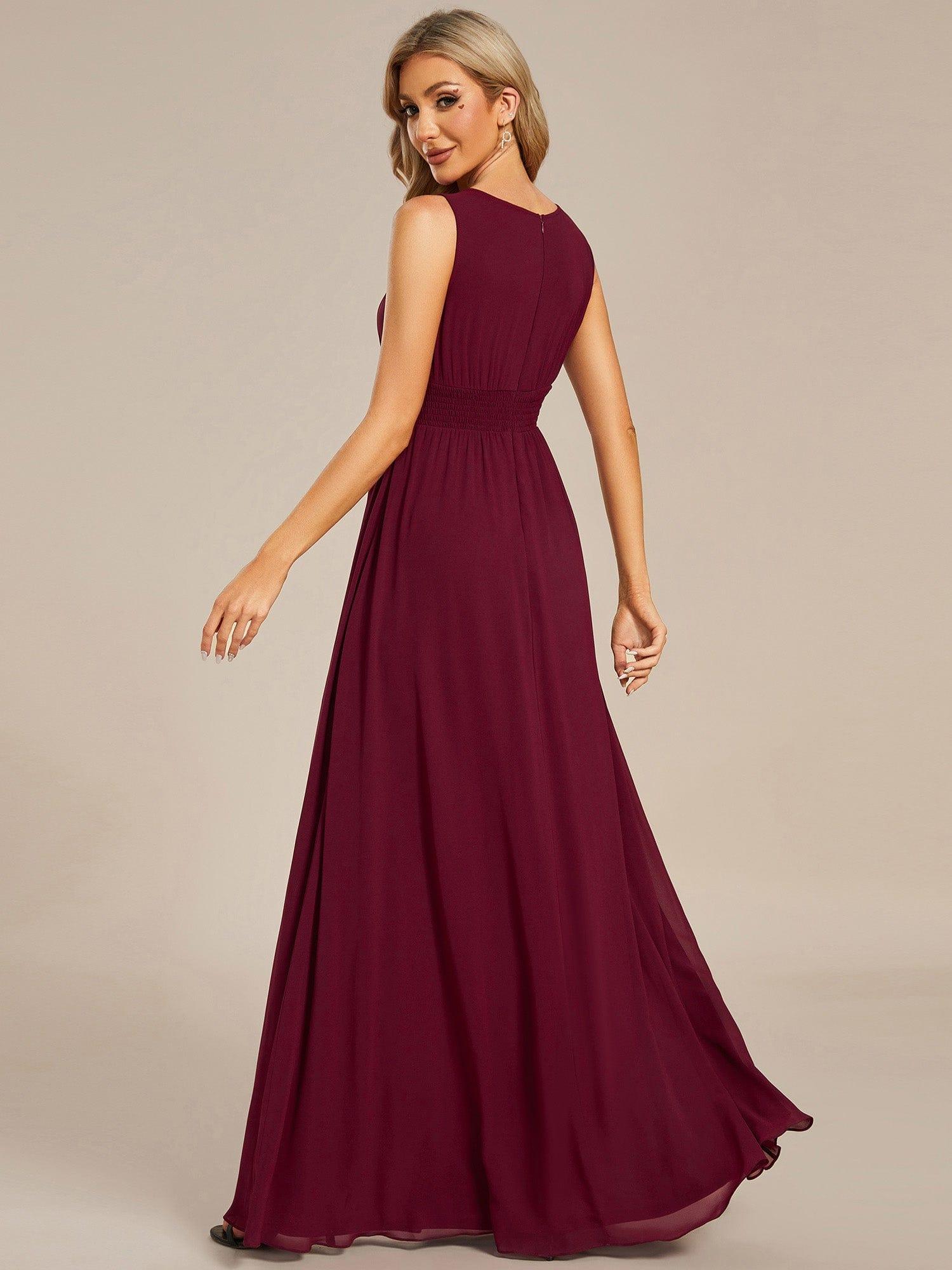 A-Line Chiffon Evening Dress with Sleeveless Round Neckline and Pleats #color_Burgundy