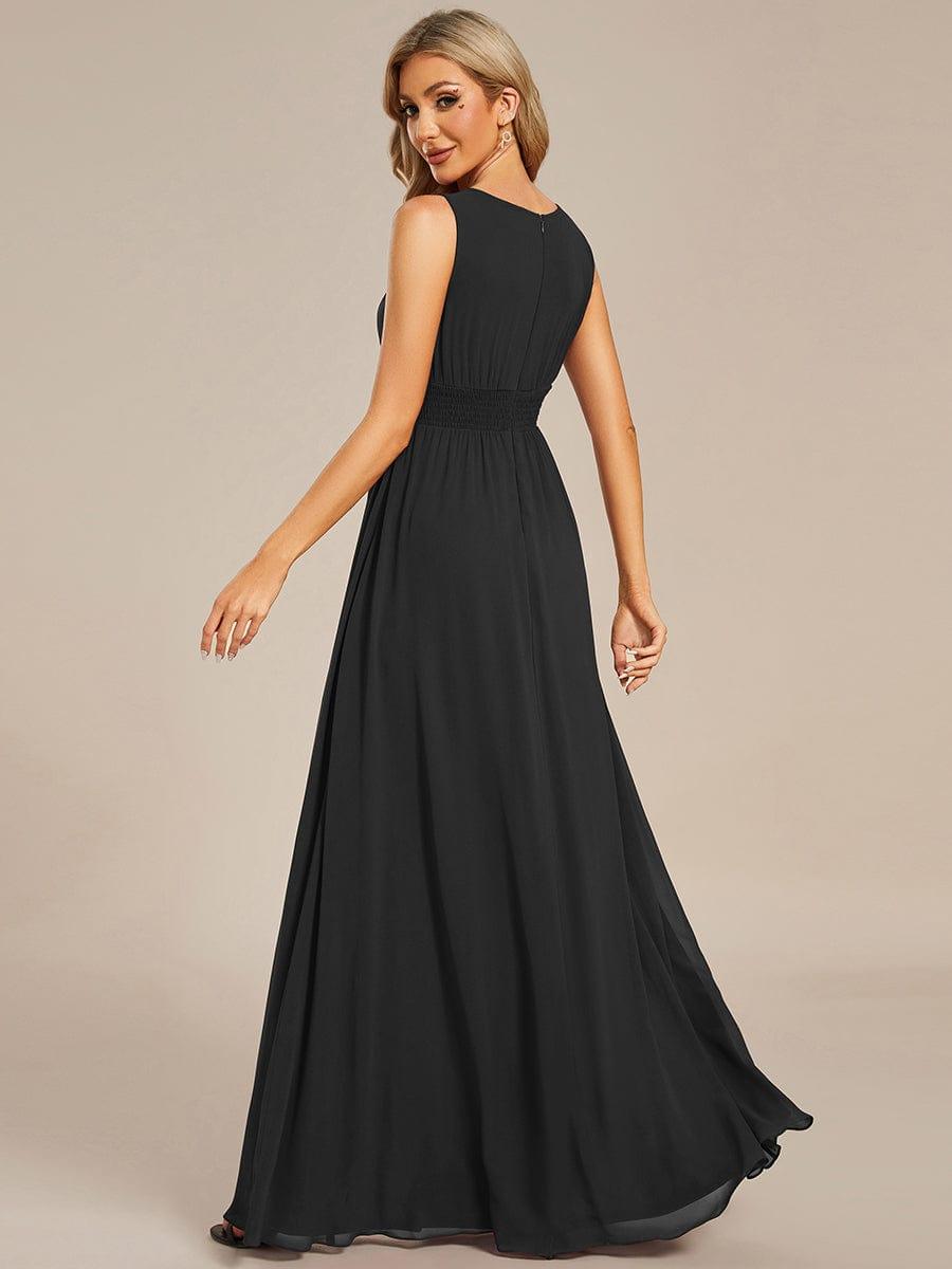 A-Line Chiffon Evening Dress with Sleeveless Round Neckline and Pleats #color_Black
