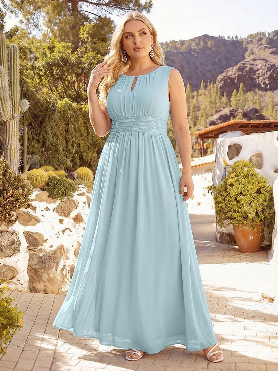 A-Line Chiffon Bridesmaid Dress with Sleeveless Round Neckline and Pleats #color_Sky Blue