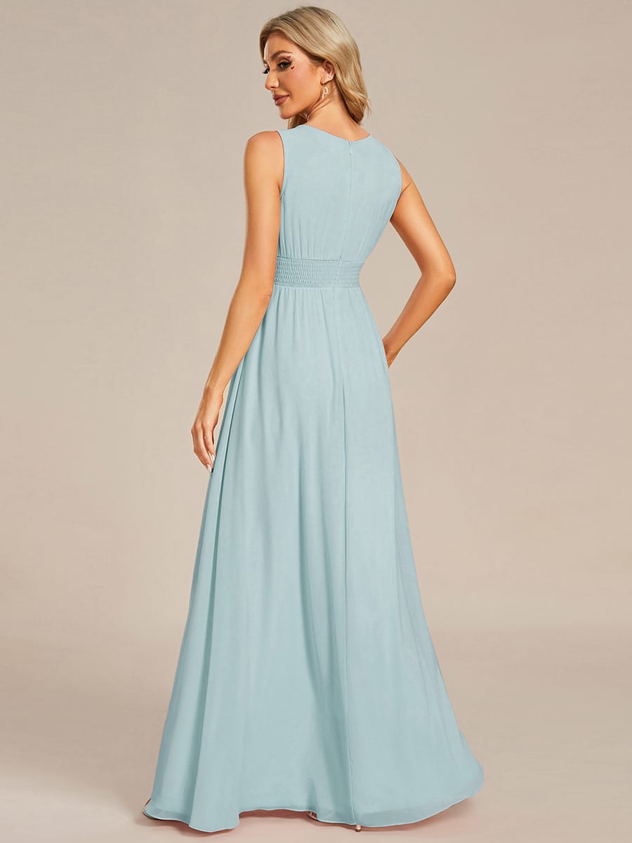 A-Line Chiffon Bridesmaid Dress with Sleeveless Round Neckline and Pleats #color_Sky Blue