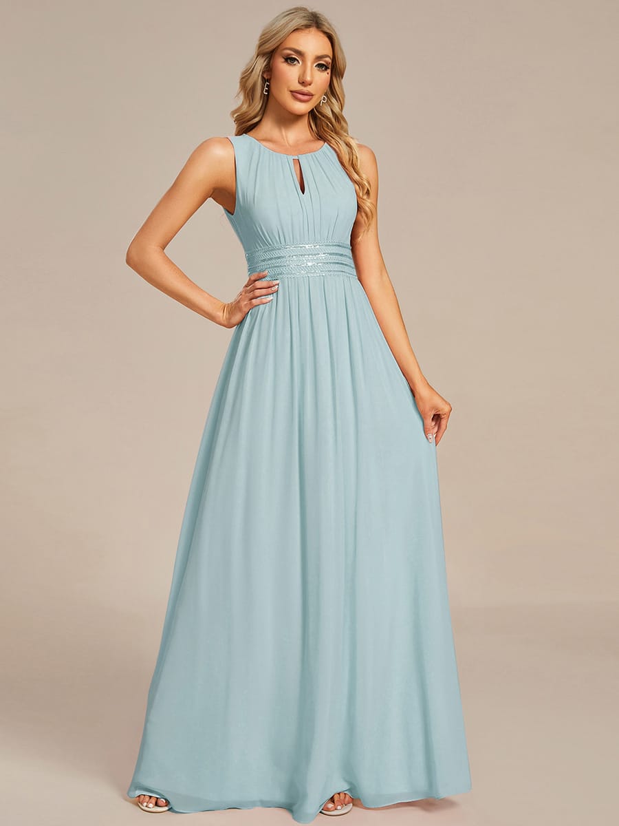 A-Line Chiffon Bridesmaid Dress with Sleeveless Round Neckline and Pleats #color_Sky Blue