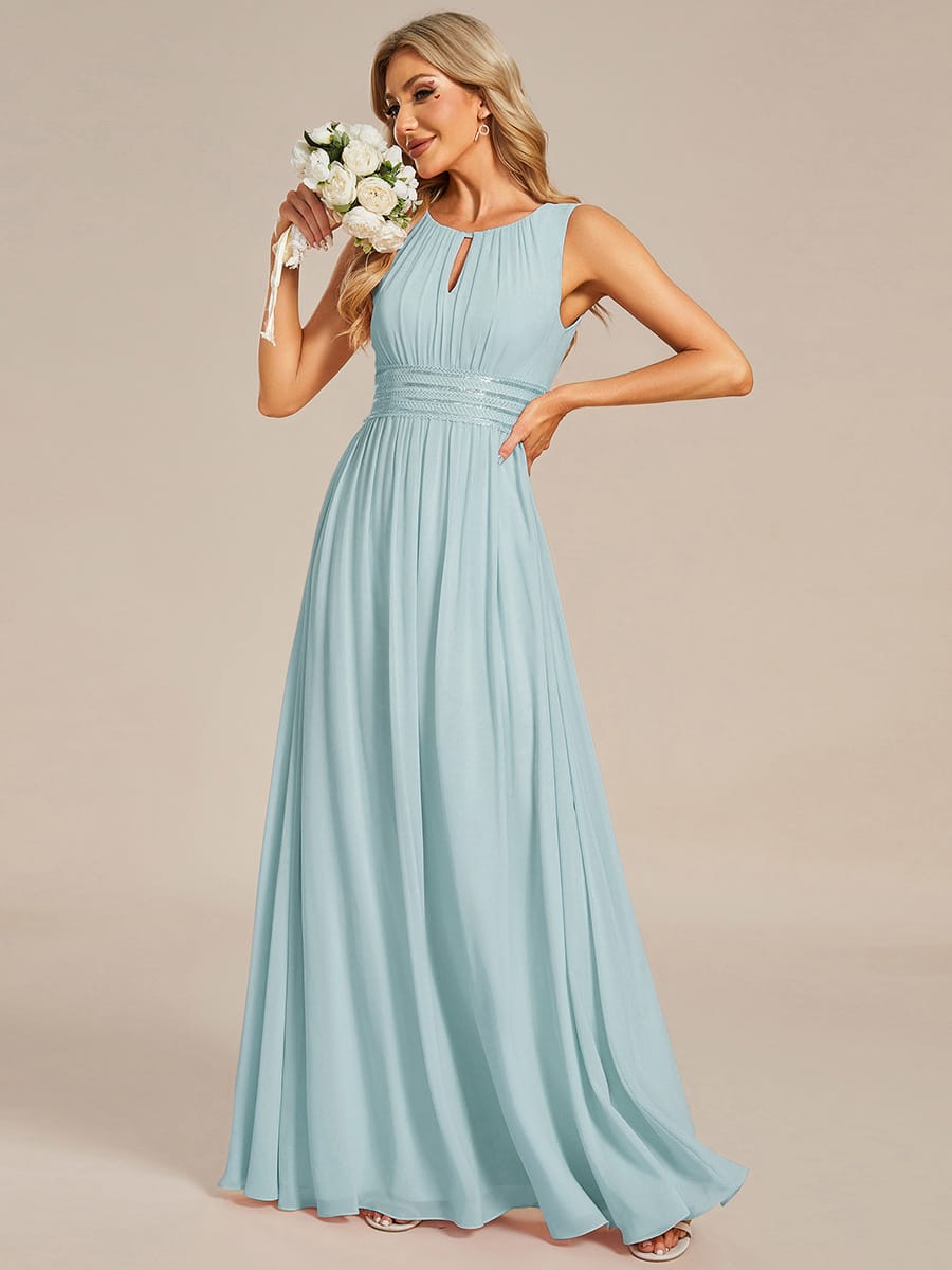 A-Line Chiffon Bridesmaid Dress with Sleeveless Round Neckline and Pleats #color_Sky Blue