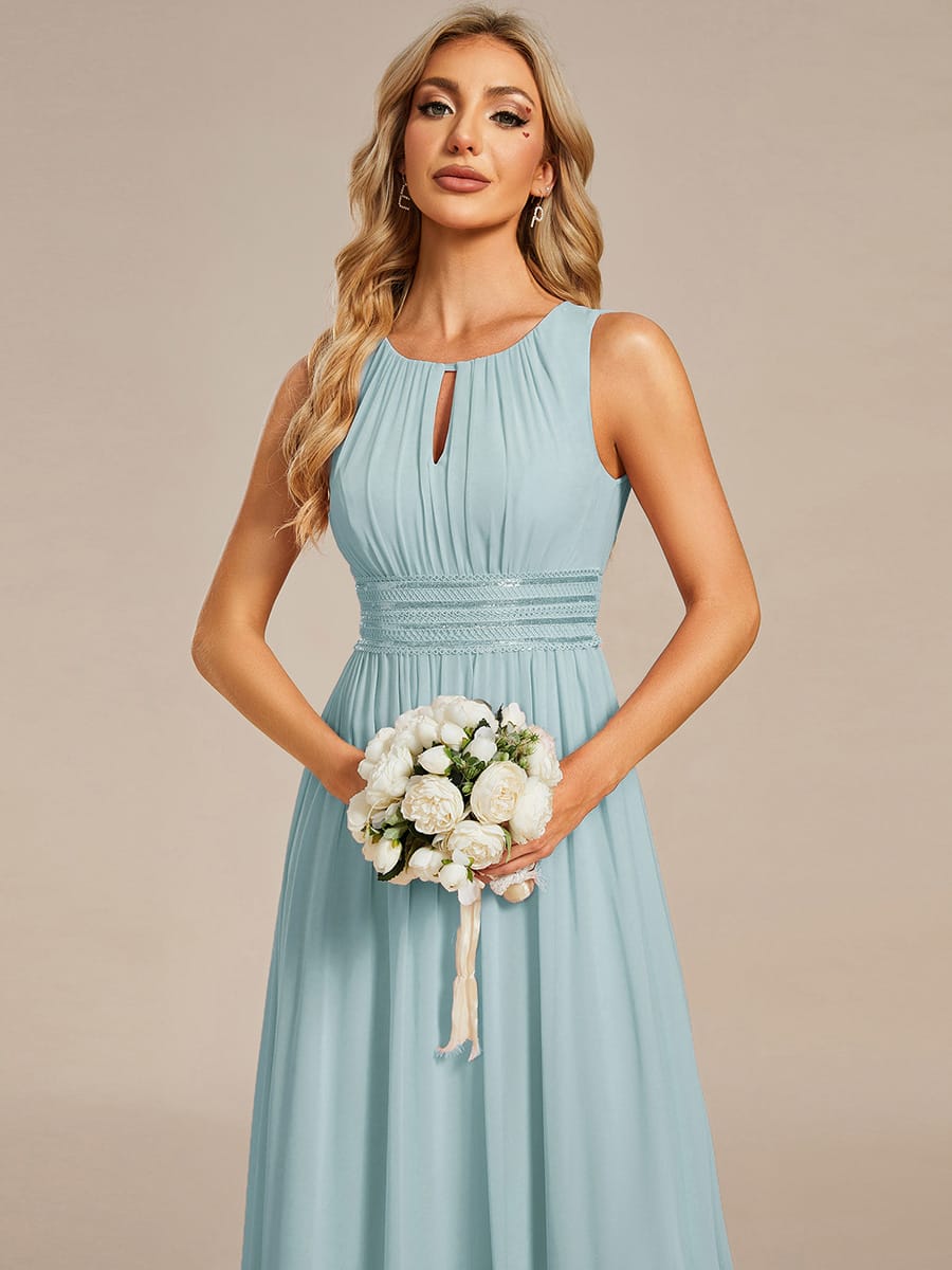 A-Line Chiffon Bridesmaid Dress with Sleeveless Round Neckline and Pleats #color_Sky Blue