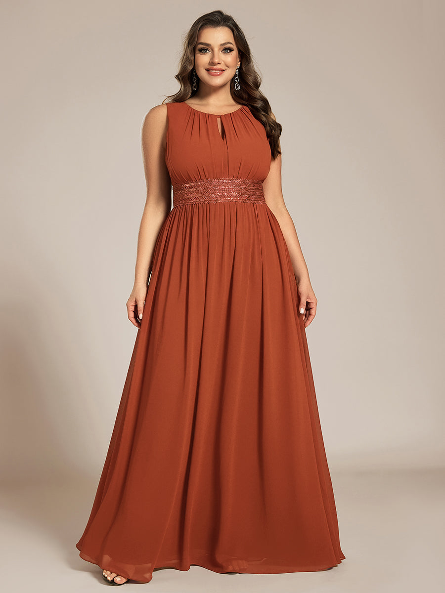 A-Line Chiffon Bridesmaid Dress with Sleeveless Round Neckline and Pleats #color_Burnt Orange