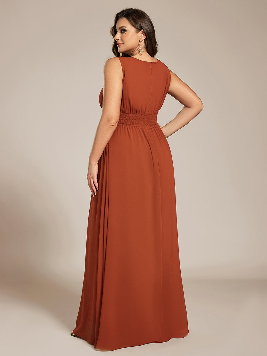A-Line Chiffon Bridesmaid Dress with Sleeveless Round Neckline and Pleats #color_Burnt Orange