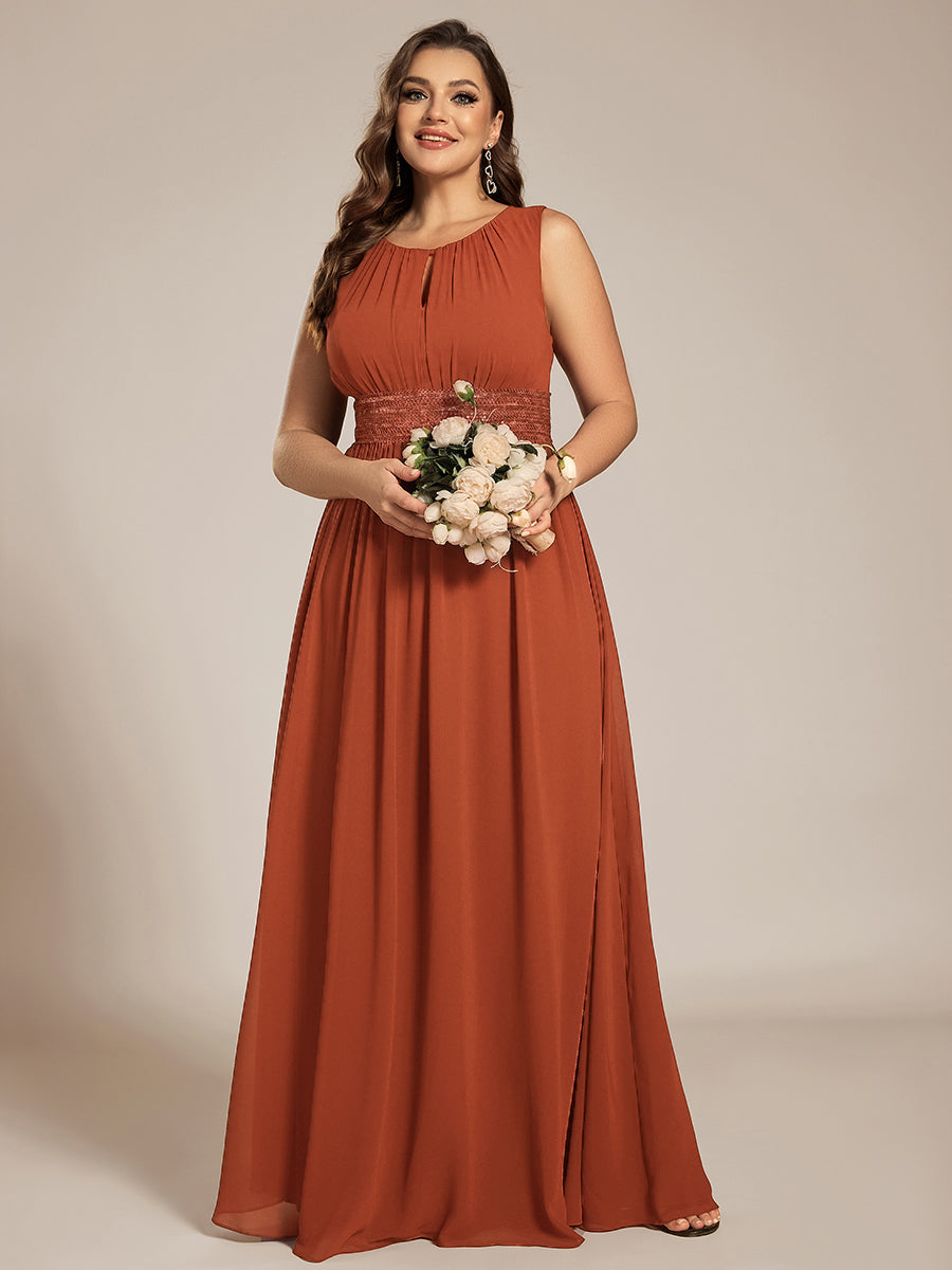 A-Line Chiffon Bridesmaid Dress with Sleeveless Round Neckline and Pleats #color_Burnt Orange