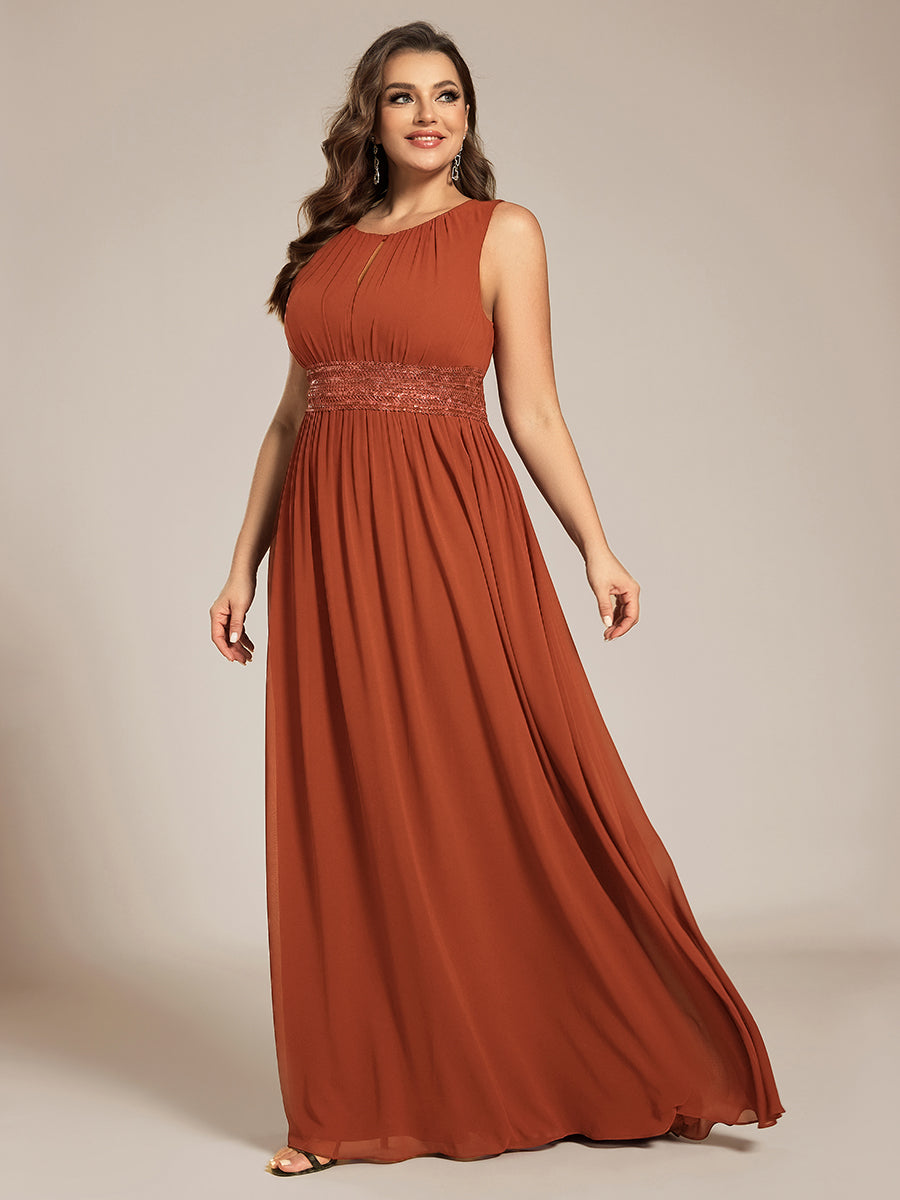 A-Line Chiffon Bridesmaid Dress with Sleeveless Round Neckline and Pleats #color_Burnt Orange