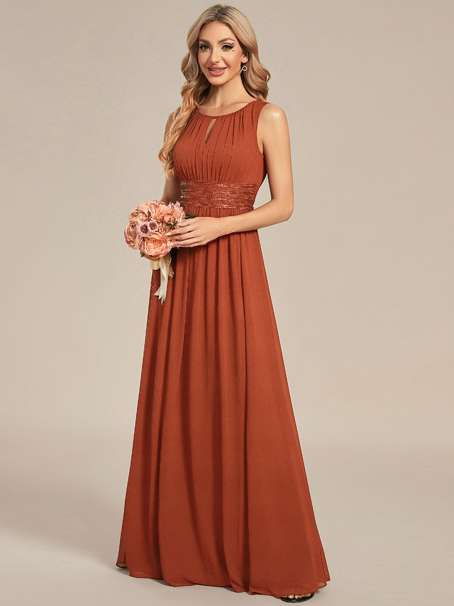 A-Line Chiffon Bridesmaid Dress with Sleeveless Round Neckline and Pleats #color_Burnt Orange