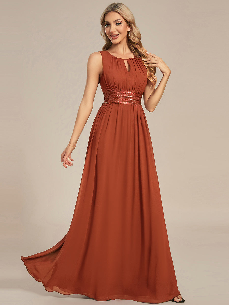 A-Line Chiffon Bridesmaid Dress with Sleeveless Round Neckline and Pleats #color_Burnt Orange