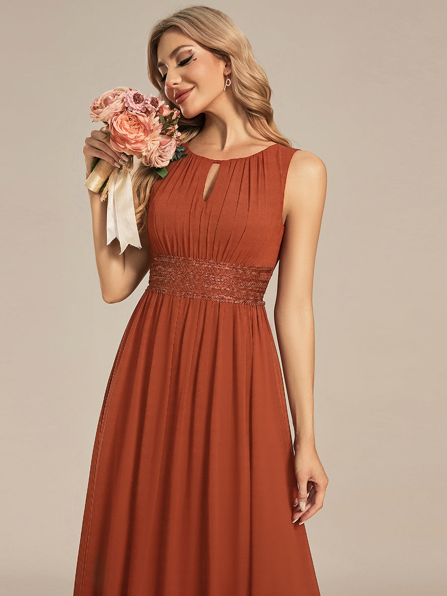 A-Line Chiffon Bridesmaid Dress with Sleeveless Round Neckline and Pleats #color_Burnt Orange