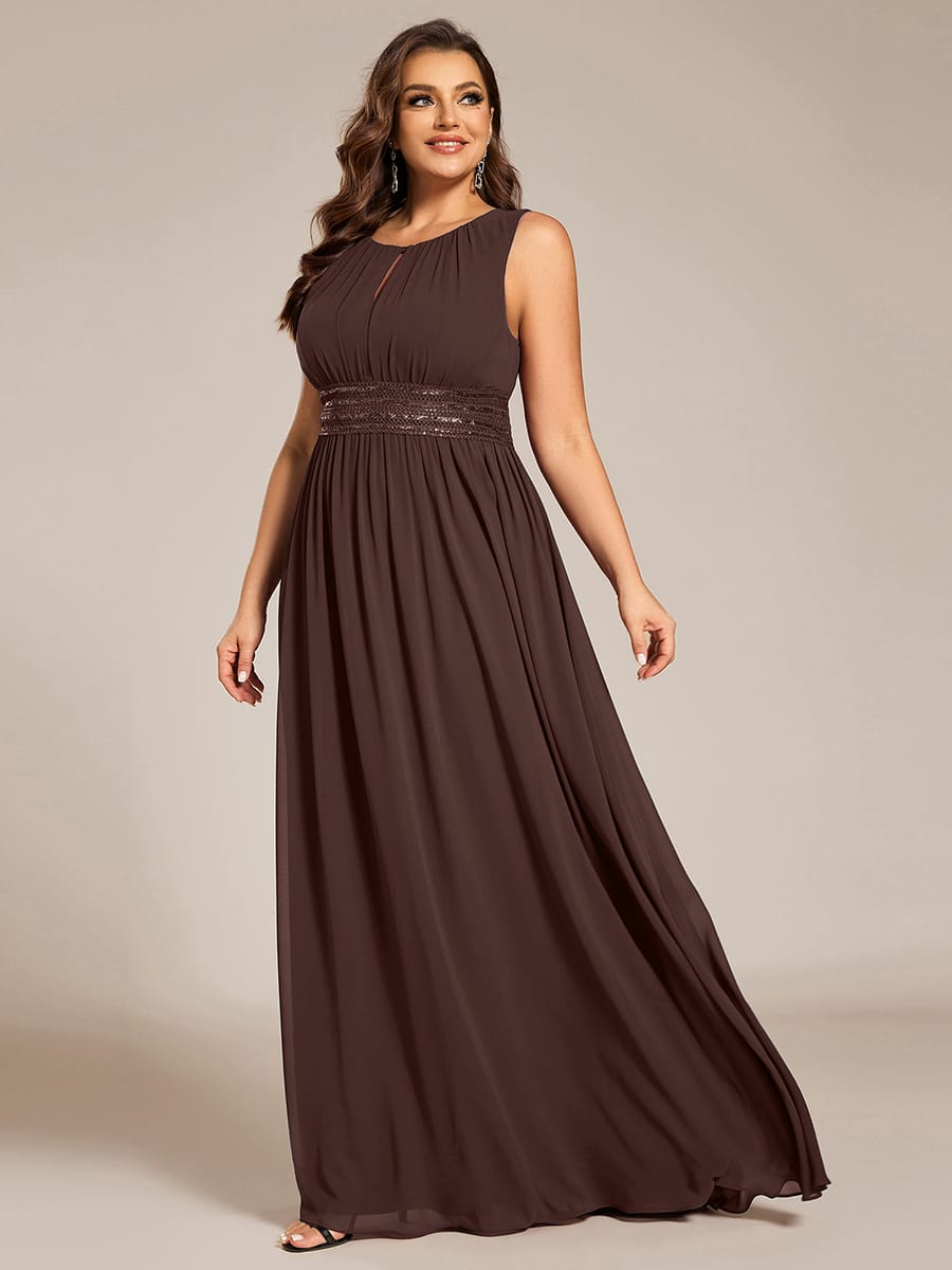 A-Line Chiffon Evening Dress with Sleeveless Round Neckline and Pleats #color_Chocolate Brown