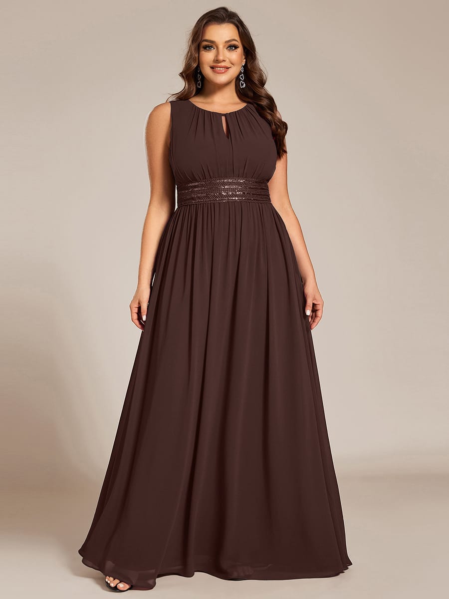 A-Line Chiffon Evening Dress with Sleeveless Round Neckline and Pleats #color_Chocolate Brown