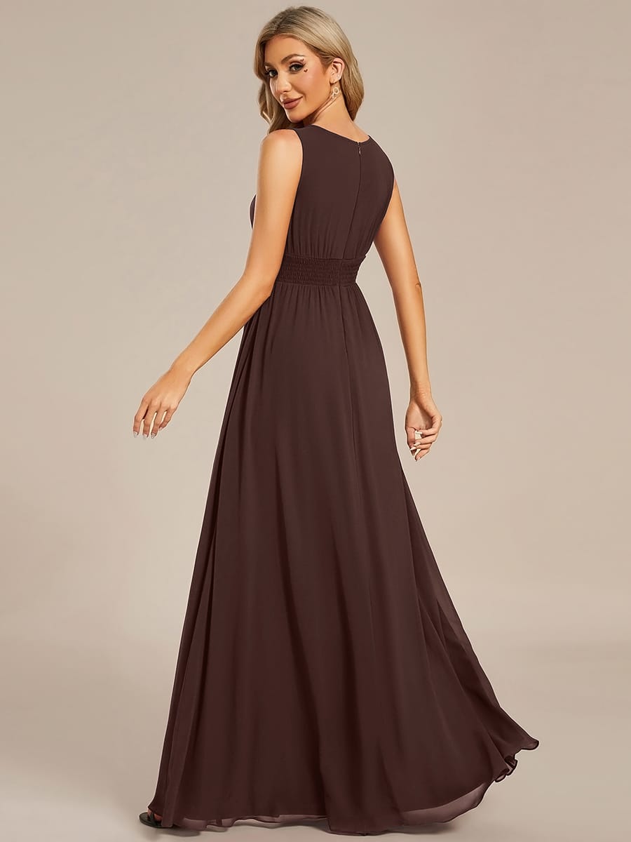 A-Line Chiffon Evening Dress with Sleeveless Round Neckline and Pleats #color_Chocolate Brown