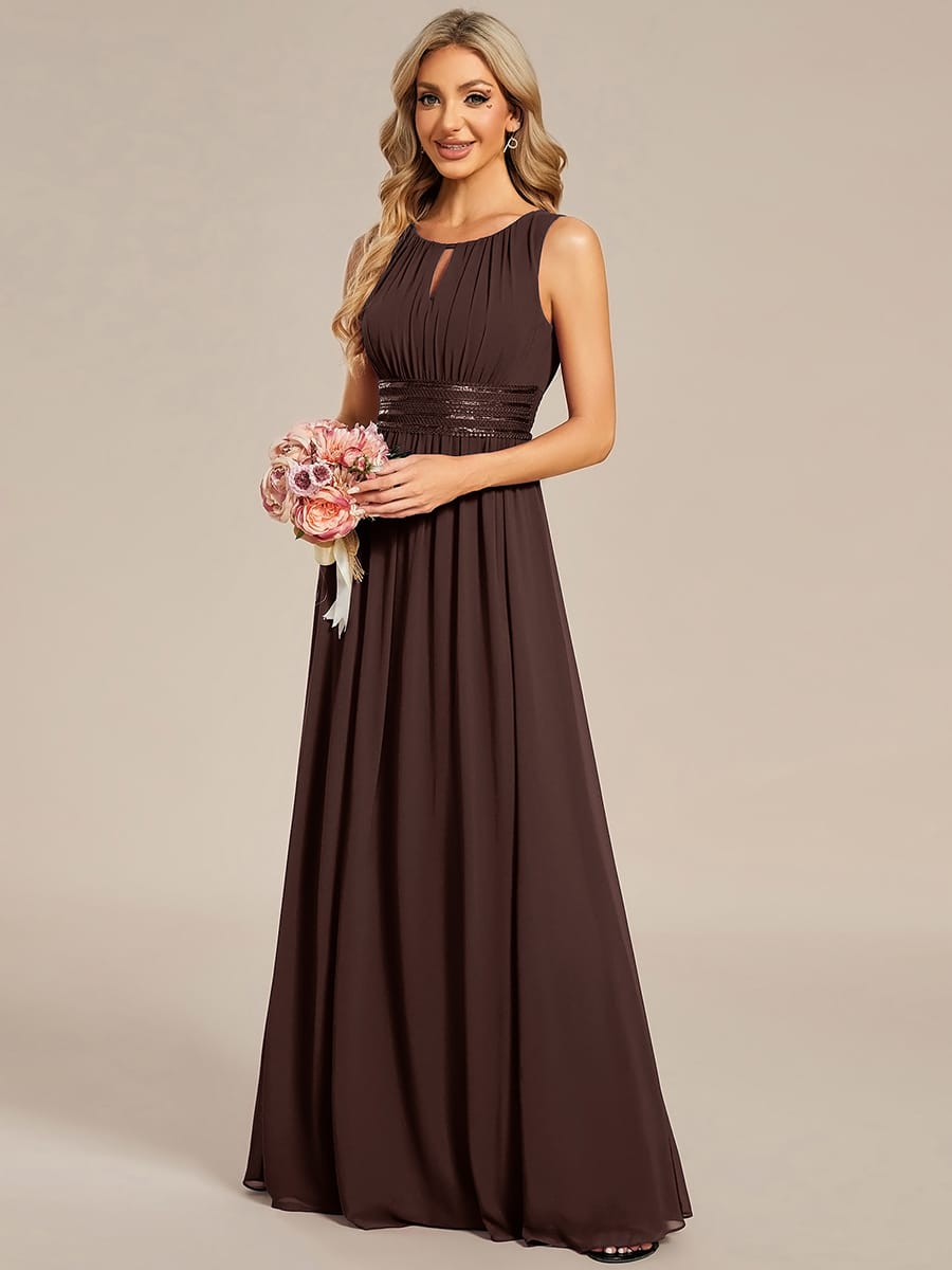 A-Line Chiffon Evening Dress with Sleeveless Round Neckline and Pleats #color_Chocolate Brown