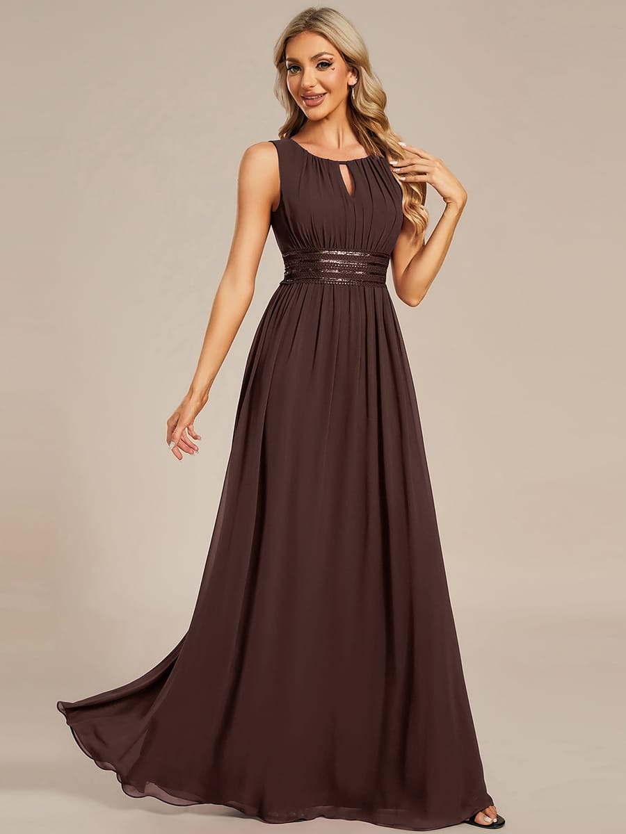 A-Line Chiffon Evening Dress with Sleeveless Round Neckline and Pleats #color_Chocolate Brown