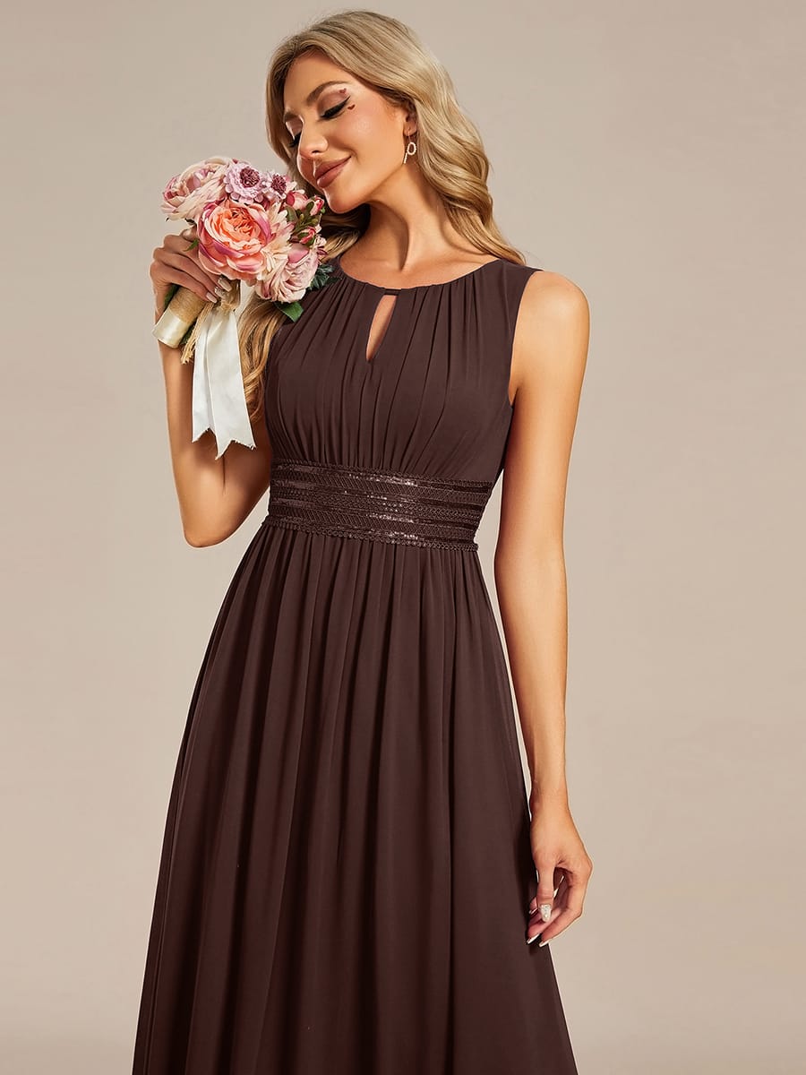 A-Line Chiffon Evening Dress with Sleeveless Round Neckline and Pleats #color_Chocolate Brown