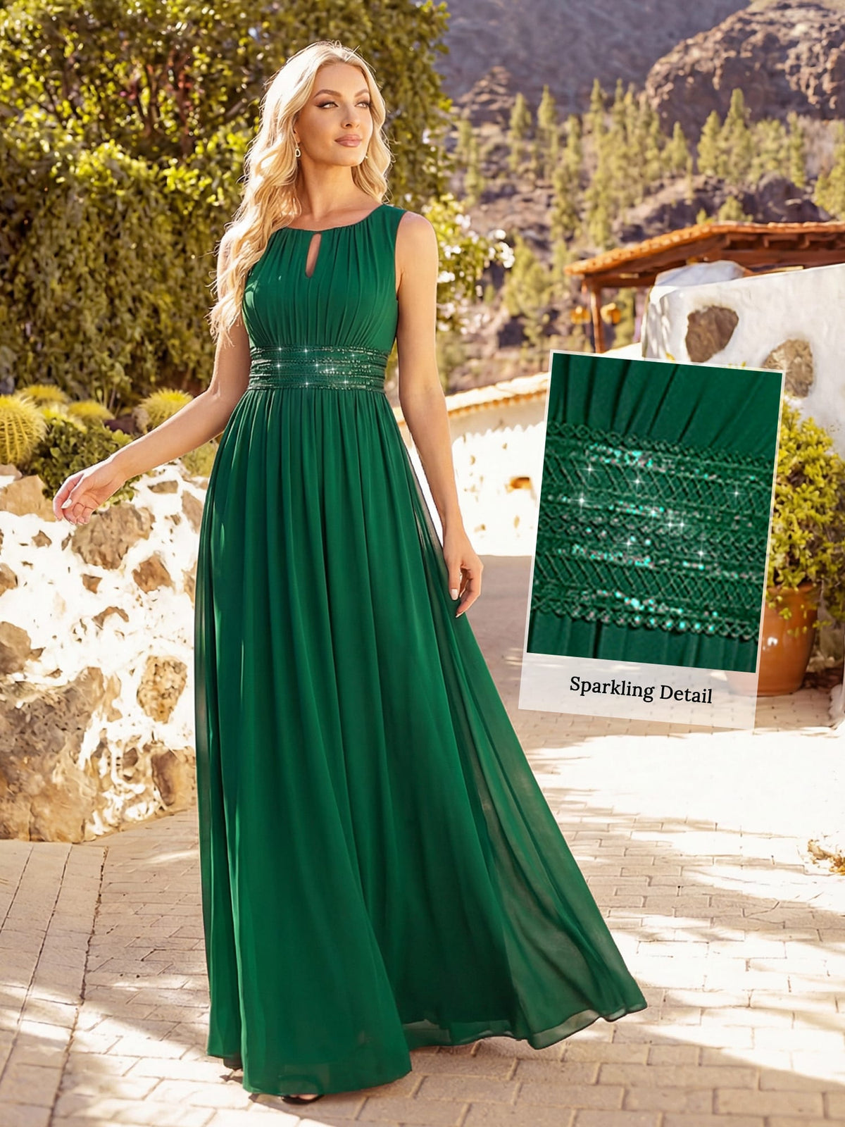 A-Line Chiffon Bridesmaid Dress with Sleeveless Round Neckline and Pleats #color_Dark Green