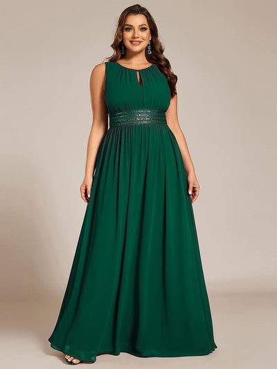A-Line Chiffon Bridesmaid Dress with Sleeveless Round Neckline and Pleats #color_Dark Green