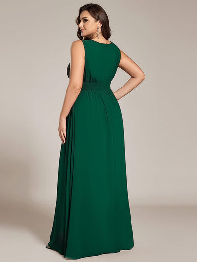 A-Line Chiffon Bridesmaid Dress with Sleeveless Round Neckline and Pleats #color_Dark Green